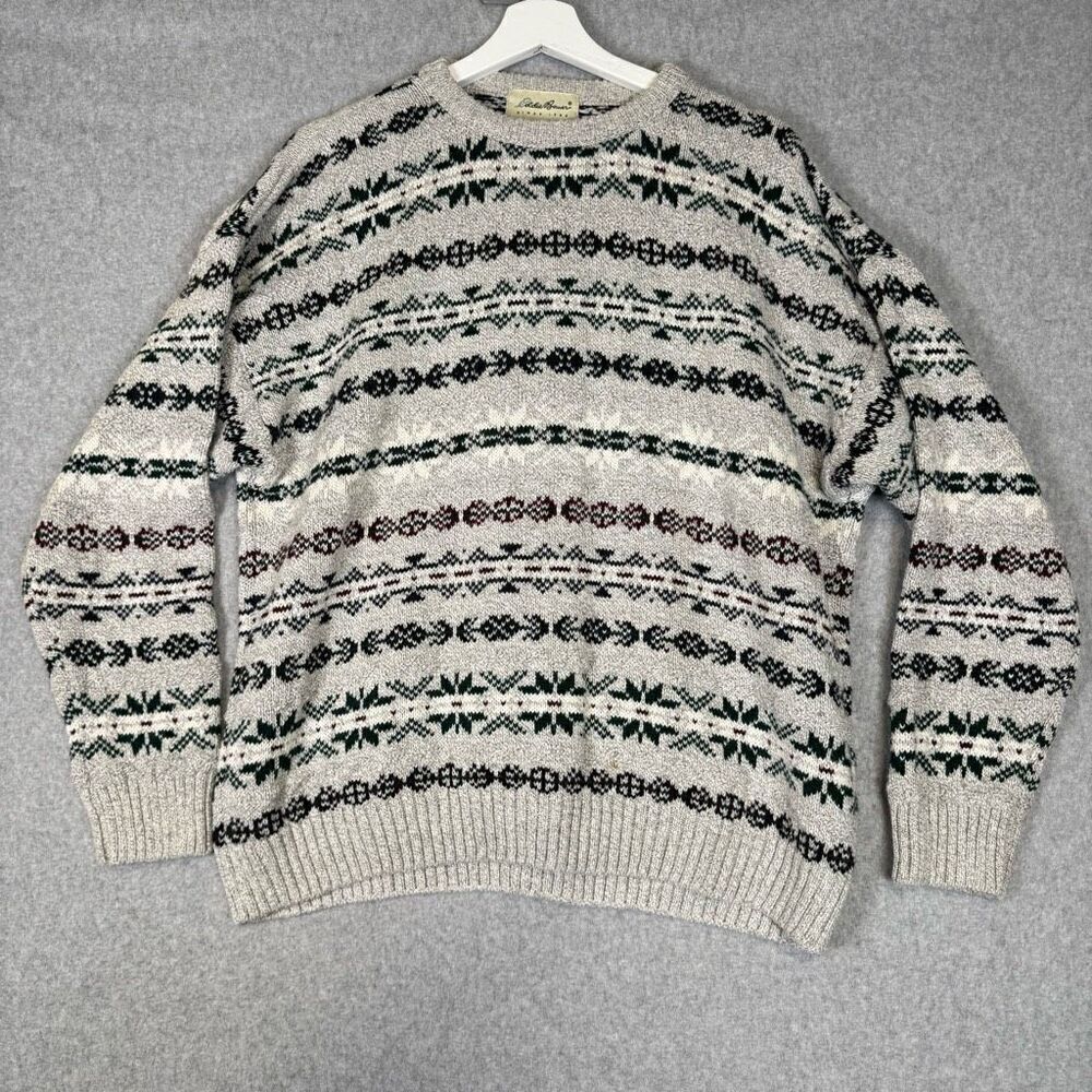 Eddie Bauer Mens Size Large Pullover Sweater Tan Black 100% Cotton Long Sleeve